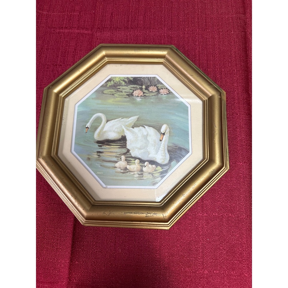 Vintage Octagon Framed Swan Family Pond Print Gold Tone Wall Decor 9.75 Inch